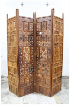 Screen, Misc, TEAK, NEARLY 8FT TALL ROOM DIVIDER, 4 HINGED PANELS, CARVED (FRONT ONLY, BACK UNFINISHED), WOOD, BROWN