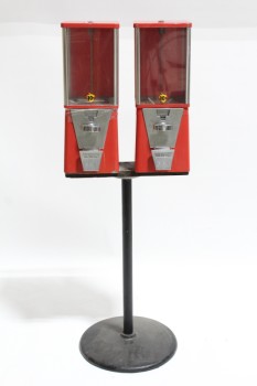 Vending, Misc, DOUBLE 10c GUMBALL MACHINE, DISPENSER, SNACK / CANDY VENDER W/ROUND BLACK BASE & POST, VINTAGE, METAL, RED