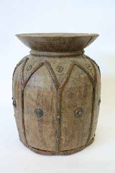 Vase, Wood, STUDDED, FLARED RIM, OLD LOOK, POINTED STUDDED TRIM OF METAL BANDS, WOOD, BROWN