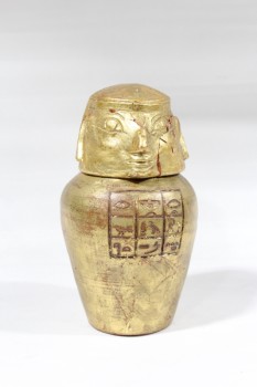 Vase, Urn, EGYPTIAN STYLE W/HIEROGLYPHICS, CRACKED LID, POTTERY, GOLD