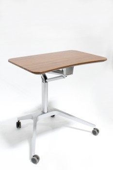 Desk, Misc, SIT OR STAND DESK,BROWN LAMINATE TOP, GREY STEEL LEGS, HEIGHT ADJUSTABLE, MOBILE WORK STATION, ROLLING, METAL, BROWN