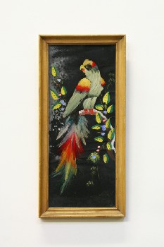 Wall Dec, Misc, CLEARABLE, BIRD W/REAL FEATHERS, LIGHT STAINED FRAME, WATER DAMAGED, WOOD, MULTI-COLORED