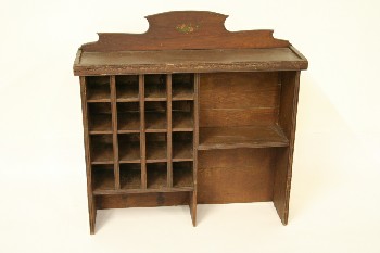 Shelf, Wood, ONE SIDE DIVIDED 4x4,16 PIGEON/CUBBY HOLES W/1 LEVEL & CABINET TOP, ANTIQUE, WOOD, BROWN