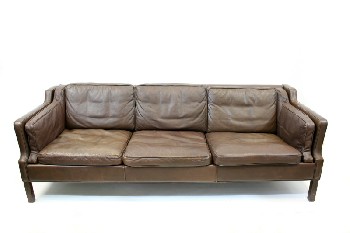Sofa, Three Seat, MID CENTURY MODERN, LOW BACK W/STEPPED ARMS, WOOD LEGS, LEATHER, BROWN