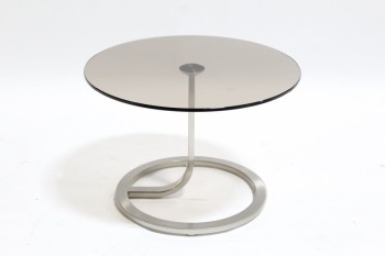 Table, Side, ITALIAN, LOW, ROUND SMOKED GLASS DISC TOP, BRUSHED RING BASE, GLASS, CLEAR