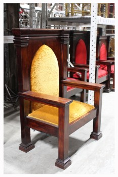 Chair, Armchair, THRONE, HEAVY, HIGH BACK W/ARCH SHAPED CRUSHED VELVET CUSHION PANEL, WIDE SEAT, CLERGY / PULPIT SEATING FROM A CHURCH, WOOD, BROWN