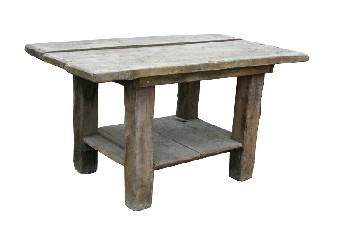 Table, Rustic, 3 SLAT TOP, THICK LEGS, LOWER LEVEL, RUSTIC, WOOD, BROWN