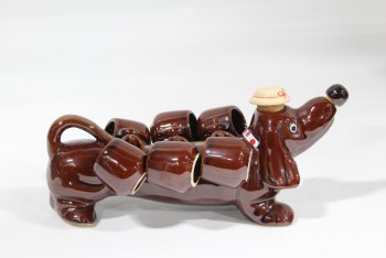 Decorative, Animal, VINTAGE BOOZEHOUND, WEINER DOG/DACHSHUND, DECANTER W/HAT OPENING, NOSE SPOUT, TAIL HANDLE, HOLDS 6 CUPS (PUPS), CERAMIC, BROWN