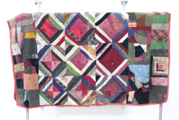Bedding, Quilt, FRAGILE VINTAGE HANDMADE CRAZY QUILT, PATCHWORK W/RED TRIM, LEAVES PATTERN ON GREEN ON FLIPSIDE, AGED / USED, FABRIC, MULTI-COLORED