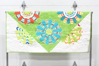 Bedding, Quilt, CLEARED, HANDMADE QUILT / WALL HANGING, FRONT IS MULTICOLOURED PATTERN ON WHITE, BACK IS BLUE PURPLE & GREEN PATTERN, FABRIC, MULTI-COLORED