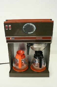 Appliance, Coffee , VINTAGE COMMERCIAL OR RESTAURANT STYLE COFFEEMAKER, 2 ORANGE WARMERS W/FUNNEL, CARAFES SEPARATE, CAFE, DINER, PLASTIC, BROWN
