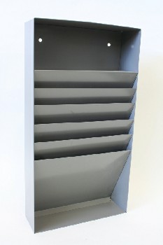 Office, Organizer, WALL FILE ORGANIZER W/ANGLED SLOTS, NOTE / FILE / PAPER / MESSAGE HOLDER, METAL, GREY