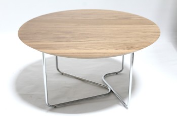 Table, Side, ROUND LAMINATE TOP, ASYMMETRIC CHROME LEGS, LAMINATE, BROWN