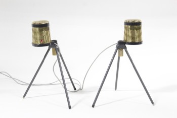 Audio, Misc, VINTAGE, PAIR OF CONNECTED SPEAKERS (EACH 9x7x7"), GOLD PERFORATED COVERS, BLACK WIRE TRIPOD LEGS, METAL, GOLD