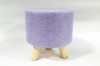 Ottoman, Round, SMALL FOOT STOOL / REST OR CHILD'S SEAT, 3 WOOD LEGS, ROUND PURPLE TOP, FABRIC, PURPLE