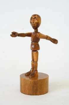 Toy, Misc, COLLAPSIBLE TOY, PERSON W/CARVED FACE & MOVABLE LIMBS, ROUND BASE / BUTTON, WOOD, BROWN