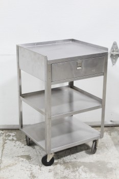 Table, Stainless Steel, EQUIPMENT / INSTRUMENT / SUPPLY CART, 1 DRAWER FRONT, LOWER SHELVES, ROLLING, STAINLESS STEEL, SILVER