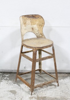 Stool, Backrest, ROUNDED SEAT & BACK W/CUTOUT, VINTAGE, INDUSTRIAL, DISTRESSED, AGED, METAL, GREY