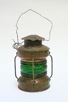 Candles, Lantern, GREEN GLASS, WAVY TOP, AGED, METAL, COPPER