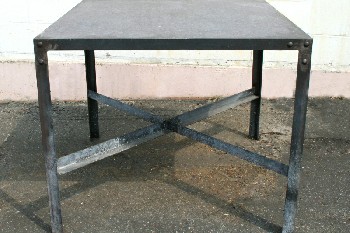 Table, Work, 3FT X 3FT, INDUSTRIAL, BOLTED SIDES W/LOWER CROSS BAR, SQUARE, AGED, METAL, BLACK
