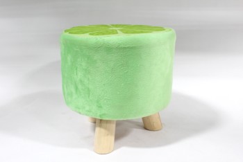 Ottoman, Round, SMALL FOOT STOOL / REST OR CHILD'S SEAT, 3 WOOD LEGS, ROUND GREEN LIME / CITRUS FRUIT SLICE TOP, FABRIC, GREEN