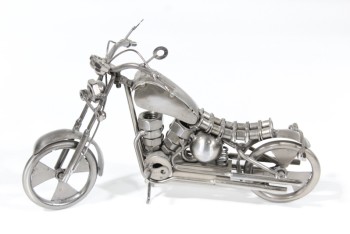 Decorative, Motorcycle, MOTORCYCLE MADE OF BOLTS WASHERS PARTS & SCRAPS, INDUSTRIAL/HANDMADE LOOK, CHOPPER, METAL, SILVER