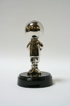 Decorative, Figurine, MAN W/BALL HEAD ON ROUND BLACK BASE, METAL, SILVER