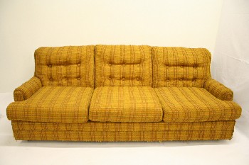 Sofa, Three Seat, PLAID, BUTTON TUFTED BACK,TEXTURED UPHOLSTERY, ROLL ARM, AGED, FABRIC, YELLOW
