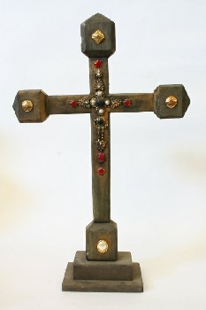 Religious, Cross, STEPPED BASE, PLASTIC JEWELS, WIDER POINTED ENDS, WOOD, GREY
