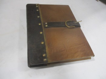 Book, Ledger, Manila Paper Cover. Brown Leather Spine. Brown Leather Strap With Buckle Closure., BROWN