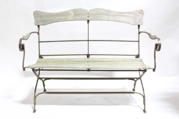 Bench, Rustic, TWO SEATER, FADED WOOD, SLAT SEAT W/ROUNDED BACKREST, METAL FRAME W/CURVED ARMS, AGED, WOOD, BROWN