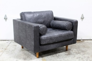 Chair, Armchair, MODERN, LOUNGE, TUFTED SEAT, SQUARE ARMS, ITALIAN LEATHER, OAK WOOD LEGS, X2 BOLSTER CUSHIONS, LEATHER, CHARCOAL