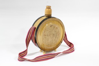 Drinkware, Canteen, ROUND CANTEEN / FLASK, BOTTLE INTERIOR, WOOD CAP & EXTERIOR W/BALL FEET,  MULTICOLOURED STRAP, WOOD, BROWN