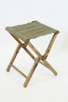 Stool, Folding, CAMPING, OUTDOOR, FRAYED CANVAS SEAT, WOOD, BROWN