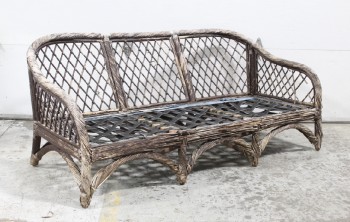 Bench, Rustic, LATTICE BACK, ARMS, 8 LEGS W/ARCHES, TWISTED WICKER FRAME, NO CUSHION, VERY AGED, DISTRESSED, WICKER, BROWN