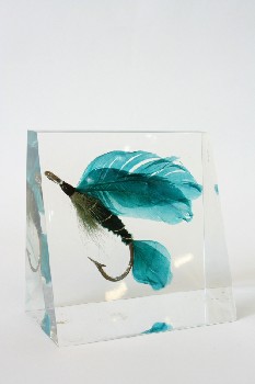 Bookend, Shapes, WEDGE,TRANSPARENT,BLUE FISHING HOOK & FEATHERS, ACRYLIC, CLEAR
