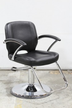 Chair, Salon, BARBER SHOP / HAIRDRESSER, ADJUSTABLE HEIGHT (33 TO 44") W/FOOT PUMP, PADDED ARMS, CHROME FOOT RUNG & ROUND BASE W/22" DIAMETER, VINYL, BLACK