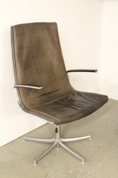 Chair, Office, MODERN, DESK / EXECUTIVE / CONFERENCE, HIGH BACK, LEATHER SEAT, 5 POINT ALUMINUM BASE, WALTER KNOLL MADE IN GERMANY CIRCA 1975, LEATHER, BROWN