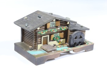 Decorative, Buildings, CABIN, COTTAGE, HOUSE, RUSTIC, PAINTED HOMEMADE FOLK ART LOOK, ROOF OPENS TO SMALL STORAGE BOX W/HINGED LID, WATER WHEEL SPINS, WOOD, BROWN