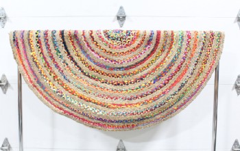 Rug, Coil, ROUND RAG RUG, BRAIDED, WOVEN, ALTERNATING PLAIN & MULTICOLOURED STRIPES, JUST OVER 5FTx5FT, FABRIC, MULTI-COLORED