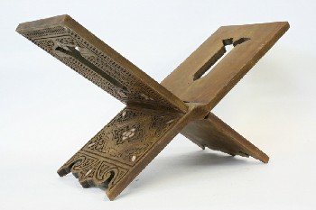 Stand, Book, BOOK/BIBLE STAND, OUTER SIDES CARVED W/INLAID SHAPES & FLOWERS, FOLDING, WOOD, BROWN