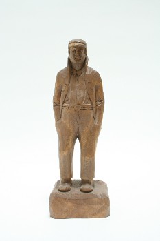 Decorative, Figurine, CARVED MAN W/HANDS IN PANT POCKETS, CAP & MOUSTACHE, WOOD, BROWN