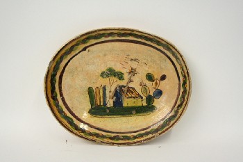 Housewares, Plate, OVAL PLATTER, MEXICAN W/PAINTED HOUSE & CACTUS, POTTERY, MULTI-COLORED