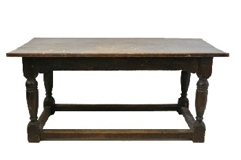 Table, Rustic, FIR,THICK TURNED LEGS W/STRETCHERS, RUSTIC , WOOD, BROWN