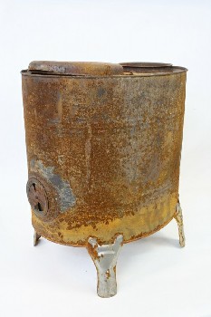 Stove, Antique, ANTIQUE OVAL TIN CAMP STOVE / HEATER, ON LEGS, SIDE VENT, 2 HOLES ON TOP (1 LID), RUSTY, AGED, METAL, RUST