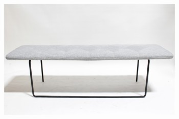 Bench, Misc, MODERN, LIGHT GREY TUFTED CUSHION TOP, BLACK METAL LEGS CONNECTED ON 1 SIDE, FABRIC, GREY