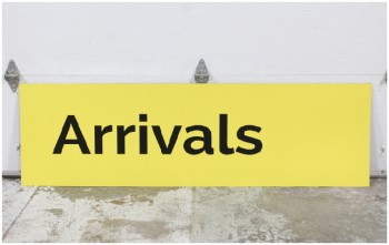 Sign, Airport, TERMINAL, "ARRIVALS", BLACK TEXT, YELLOW BACKGROUND, PLASTIC, YELLOW