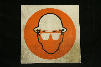 Sign, Caution, FACE W/HARD HAT & SAFETY GLASSES IN ORANGE CIRCLE, PLASTIC, WHITE