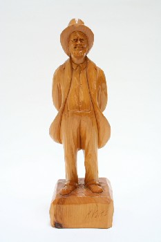Decorative, Figurine, CARVED MAN W/HANDS BEHIND BACK, HAT & JACKET & BEARD, WOOD, BROWN