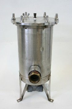 Industrial, Smalls, LAB CYLINDER W/PIPE SPOUT, 3 LEGS, 6 WINGNUTS ON TOP, METAL, SILVER